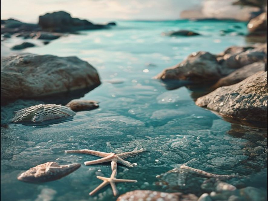 Shallow rock pool with starfish, anemones, and clear water reflecting sky