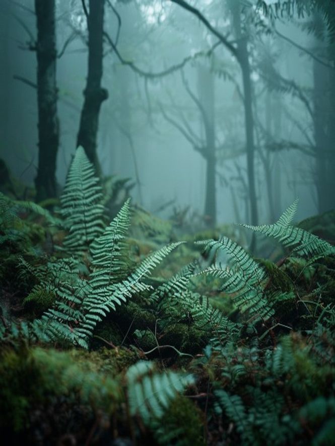 Misty forest canopy in early morning light
