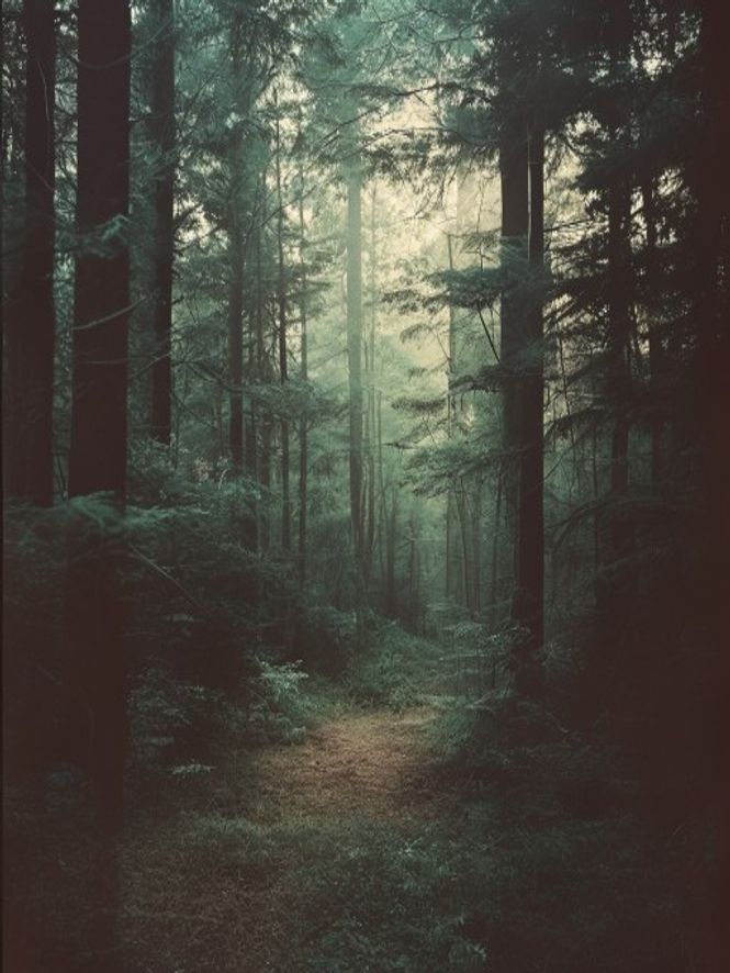 Quiet forest clearing with soft afternoon light filtering through canopy