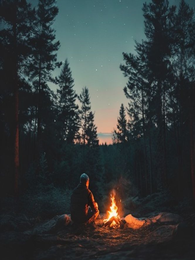 Solo camper sitting by a small fire at dusk with forest and stars visible above